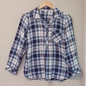 NWOT Sonoma 1/2 Button Pullover Plaid Top Blue/White Size MP